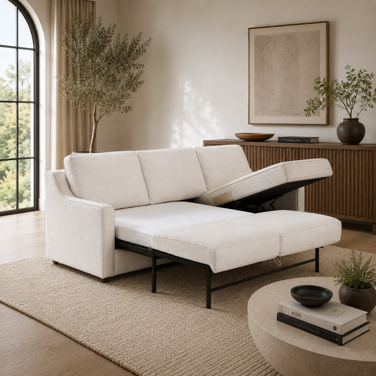 Emeka Sectional with sleeper pulled out and storage chaise open