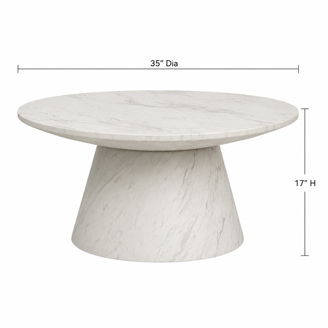 Round white faux marble dining table with a tapered pedestal base, shown with dimension lines indicating a 35-inch diameter top and 17-inch height on a white background.