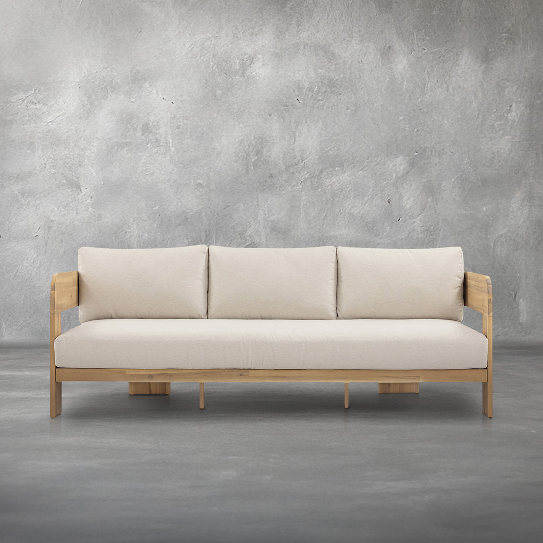 Fresno outdoor sofa with a natural wood frame and beige all-weather cushions, three-seat, patio