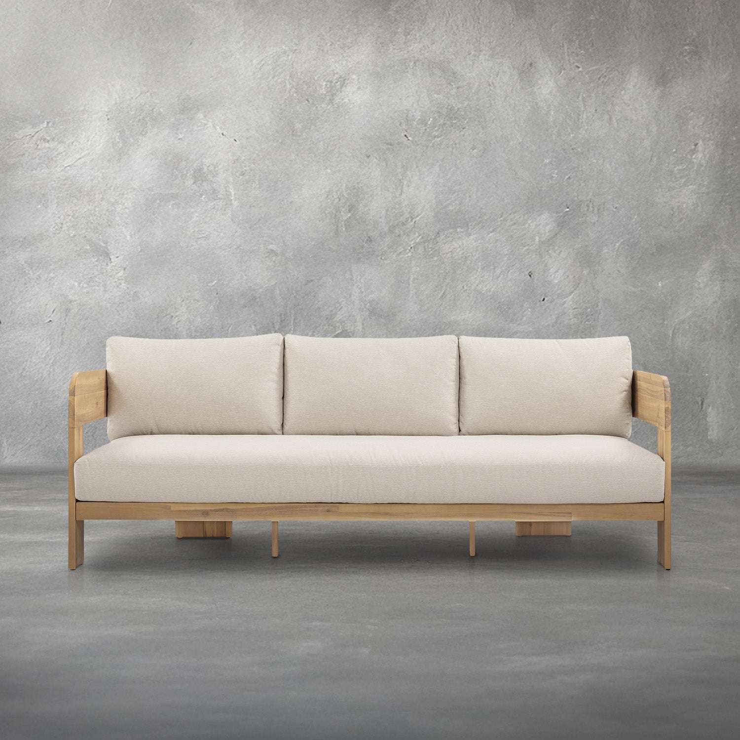 Fresno outdoor sofa with a natural wood frame and beige all-weather cushions, three-seat, patio