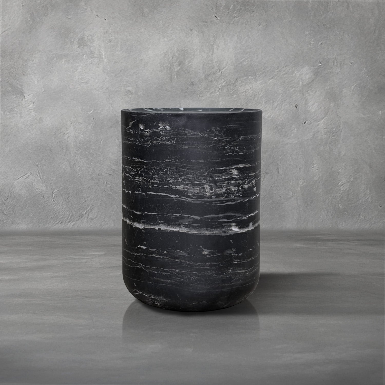 Fuji cylindrical drum accent table in black faux-marble fiberglass-reinforced concrete, indoor or outdoor