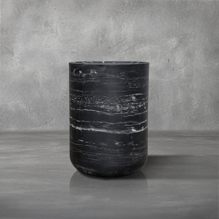 Fuji cylindrical drum accent table in black faux-marble fiberglass-reinforced concrete, indoor or outdoor