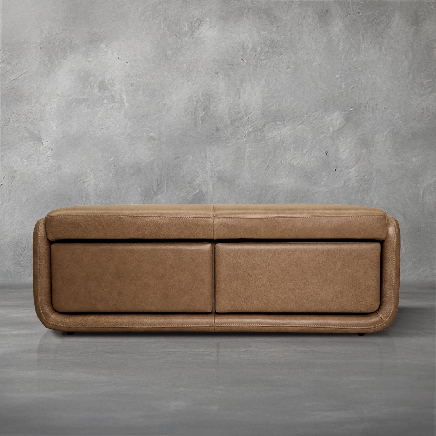 Gomez storage bench in brown top-grain leather with two pull-out drawers and a cushioned top, living room