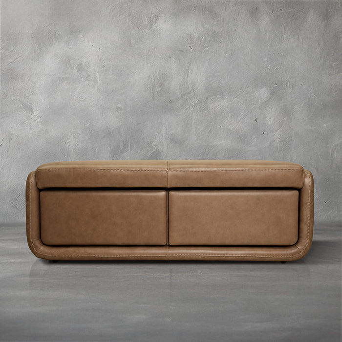 Gomez storage bench in brown top-grain leather with two pull-out drawers and a cushioned top, living room