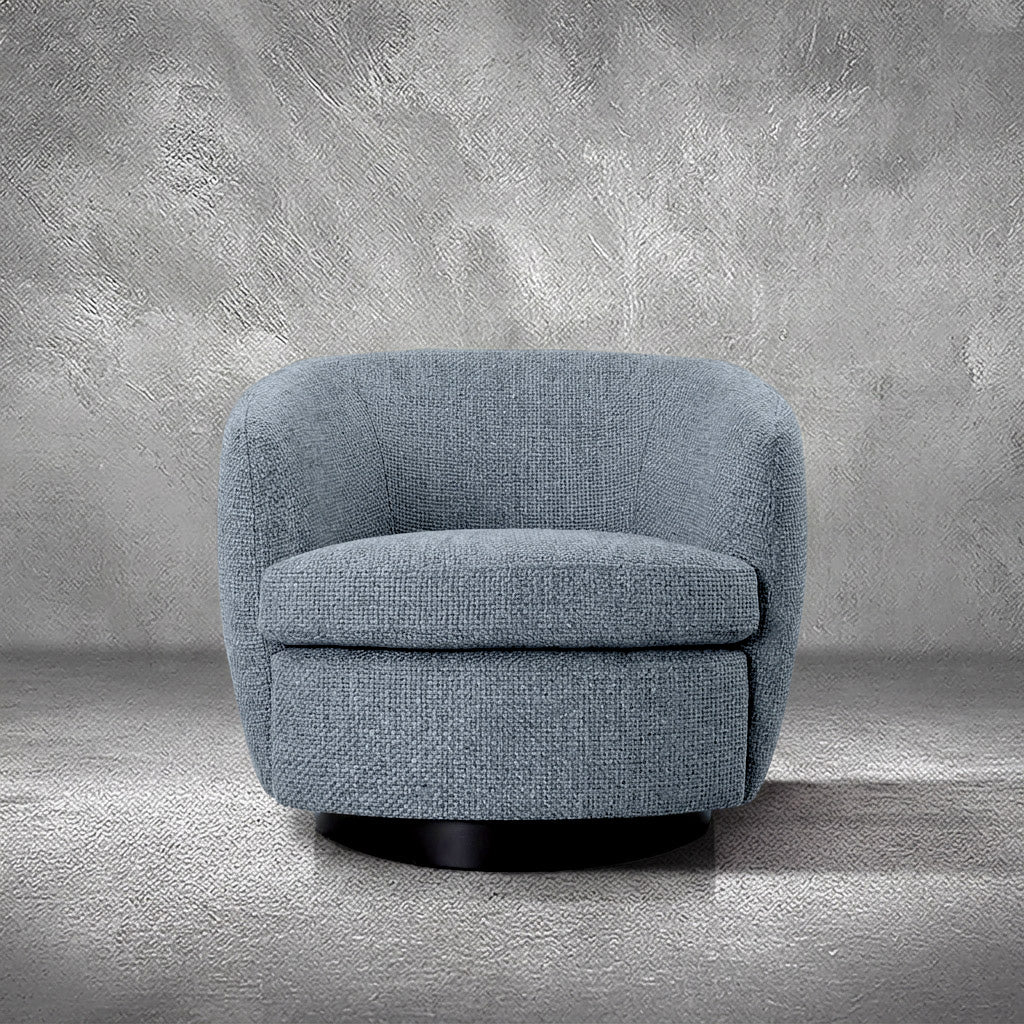 Grayson Swivel Chair, blue-gray performance-fabric barrel chair on a black swivel base