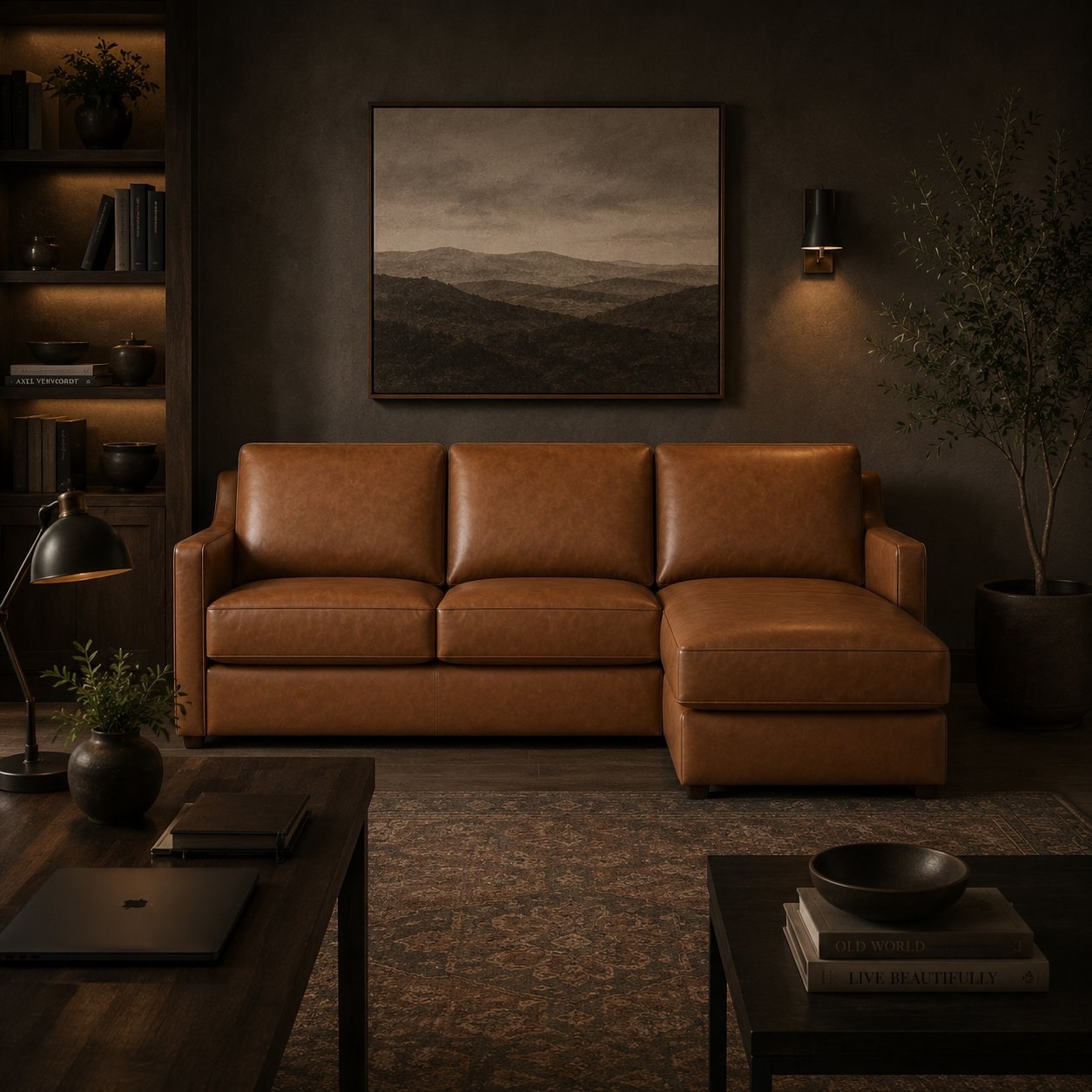 Johnson Sectional in camel leather, front view in living room