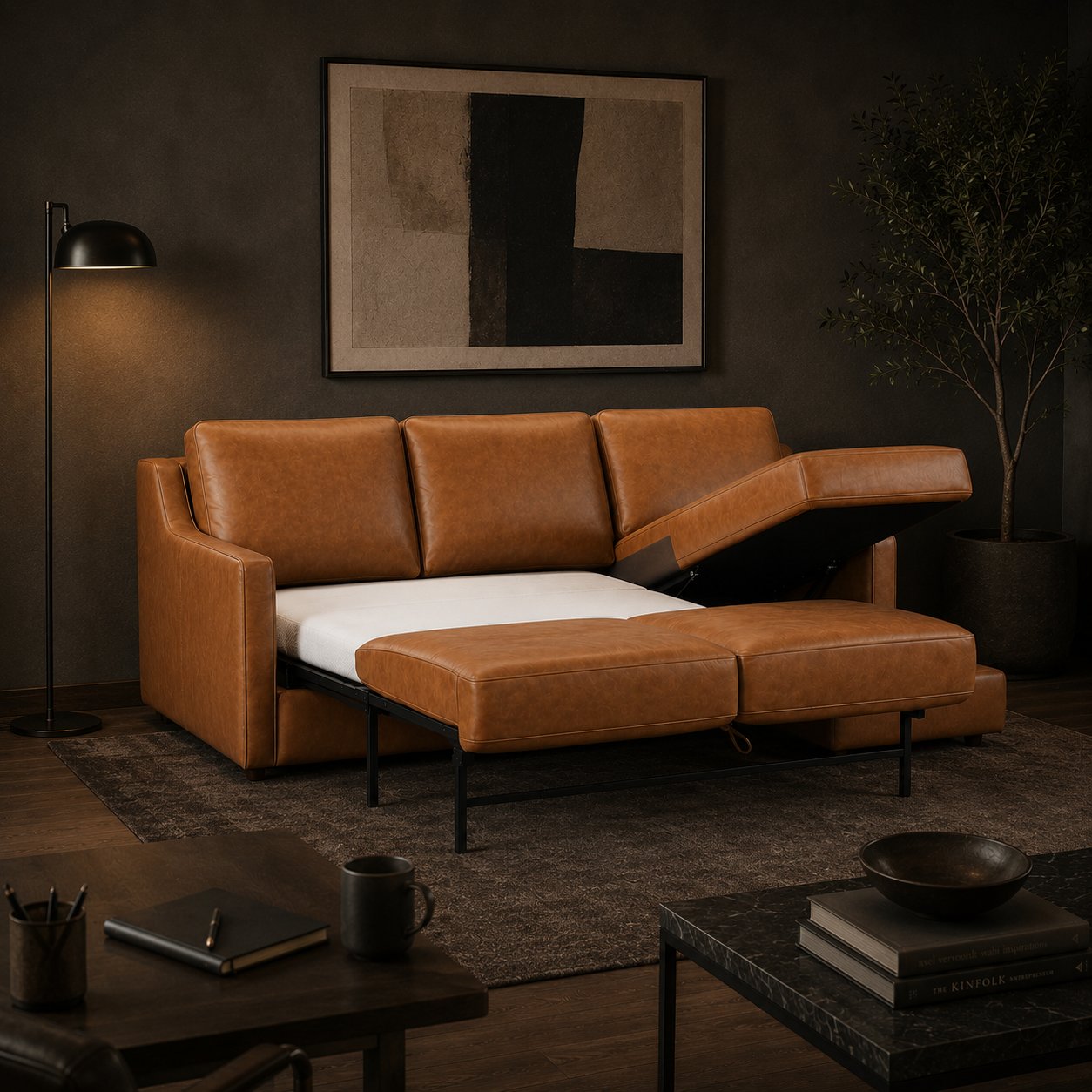 Johnson Sectional with sleeper bed pulled out and storage chaise open