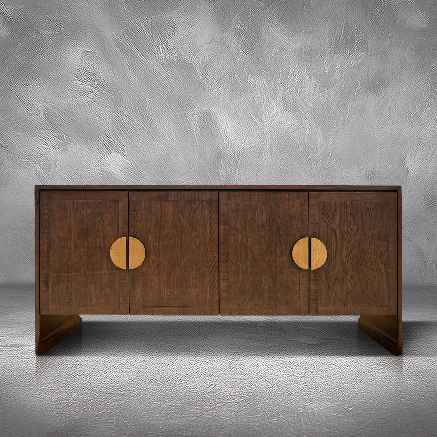 Jorge credenza in solid Mexican pine with four doors and split hammered-gold circle pulls, living room