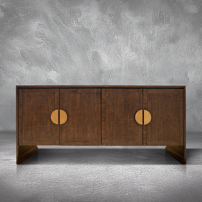 Jorge credenza in solid Mexican pine with four doors and split hammered-gold circle pulls, living room