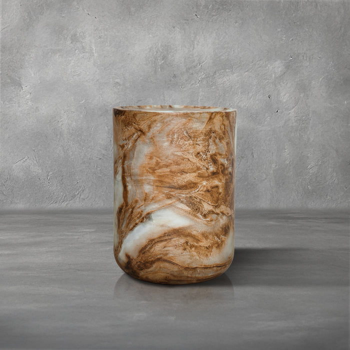 Koa cylindrical drum accent table in caramel faux-marble fiberglass-reinforced concrete, indoor or outdoor