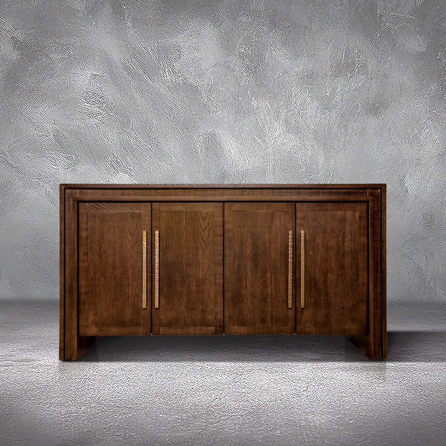 Manny 67-inch credenza in solid Mexican pine with four doors and hammered gold bar handles, living room