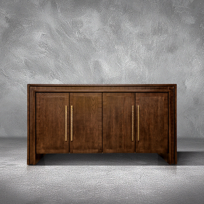 Manny 67-inch credenza in solid Mexican pine with four doors and hammered gold bar handles, living room