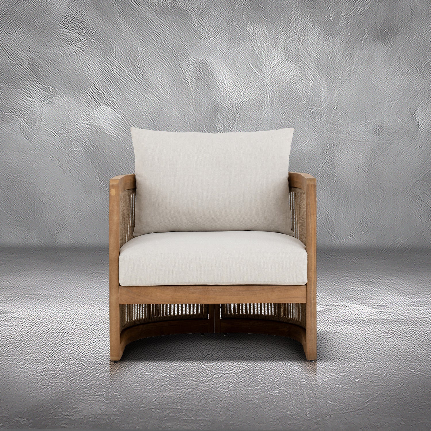 Napa outdoor accent chair with a natural wood frame, woven rope detailing, and ivory all-weather cushions, patio