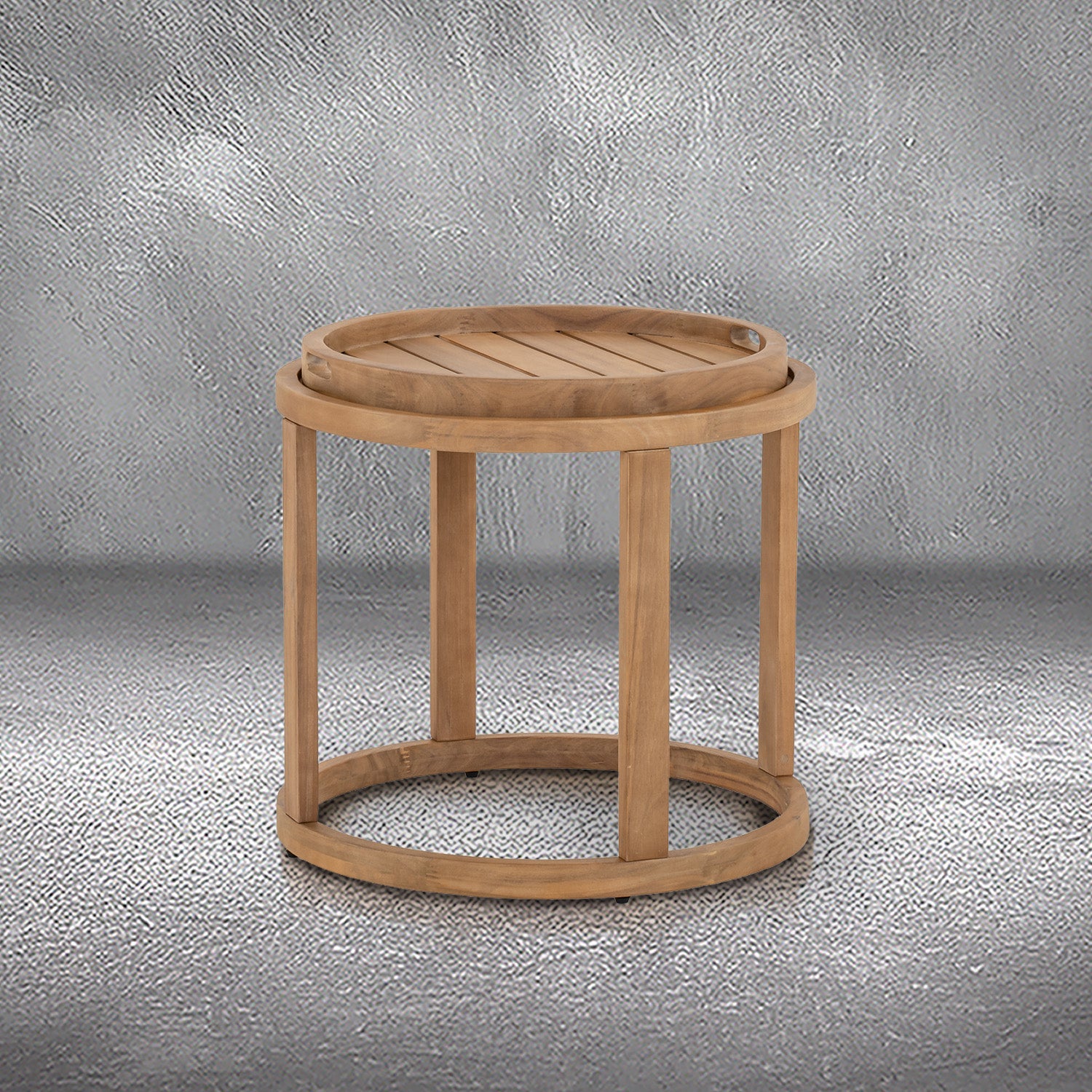 Napa outdoor accent table, round natural wood side table with a removable slatted tray top, patio