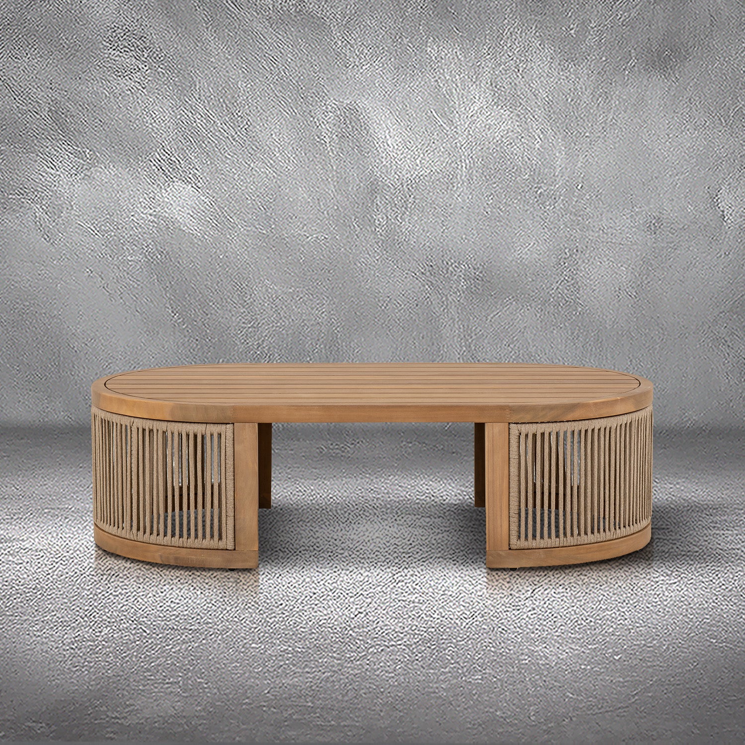 Napa outdoor coffee table with an oval slatted wood top and rope-wrapped legs, patio