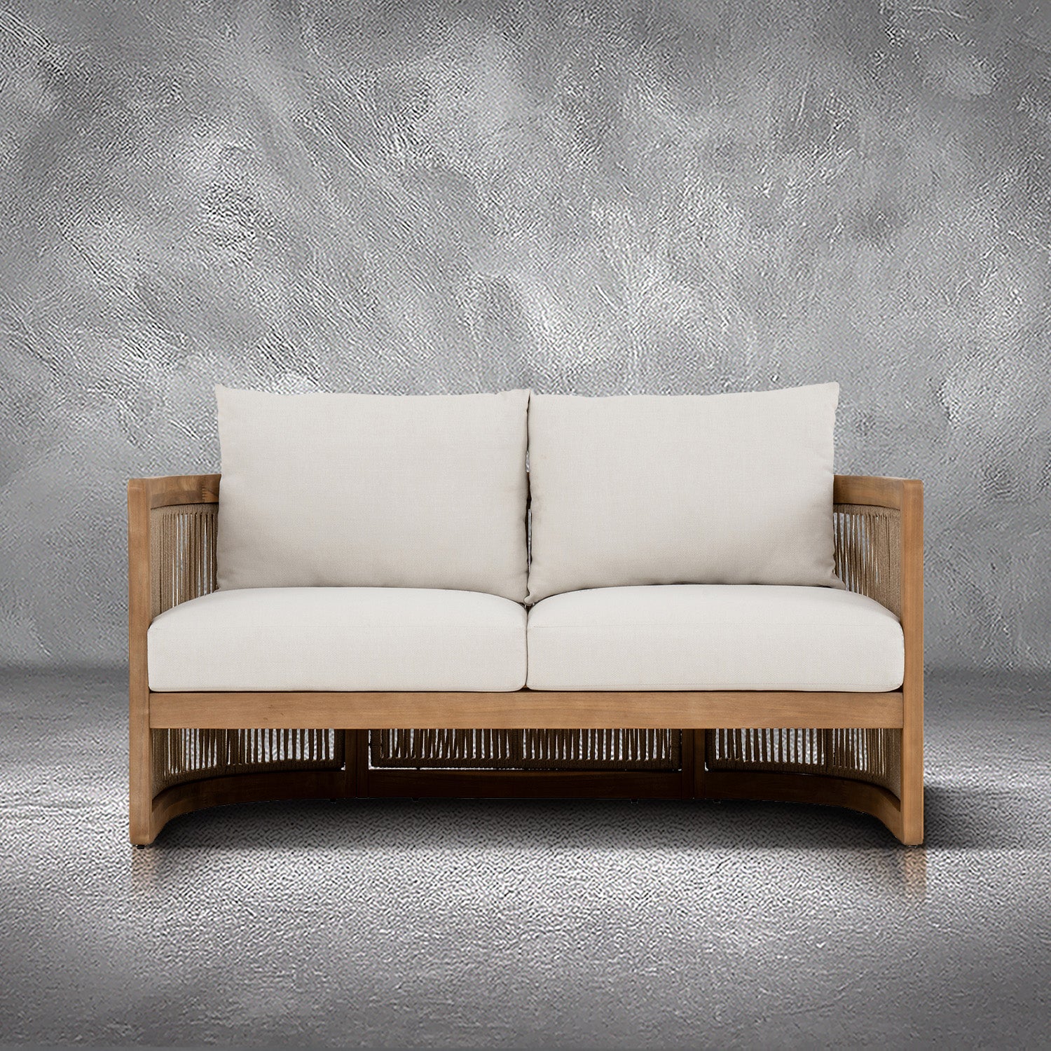 Napa outdoor loveseat with a natural wood frame, woven rope detailing, and ivory all-weather cushions, patio