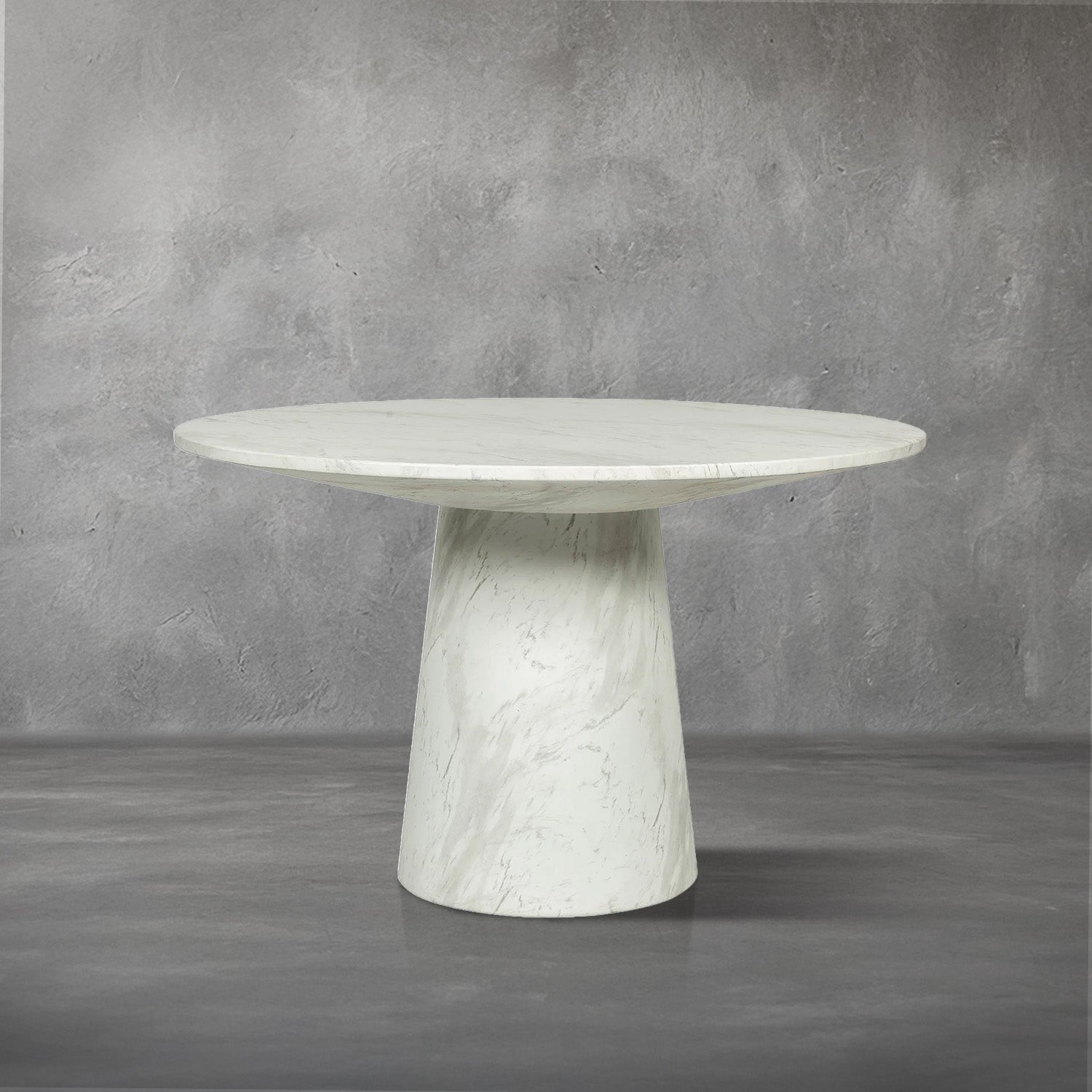 Pasadena indoor outdoor dining table, round white faux-marble top on a cone pedestal base, dining room or patio