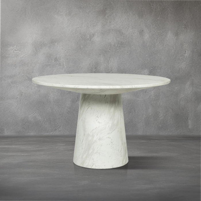 Pasadena indoor outdoor dining table, round white faux-marble top on a cone pedestal base, dining room or patio