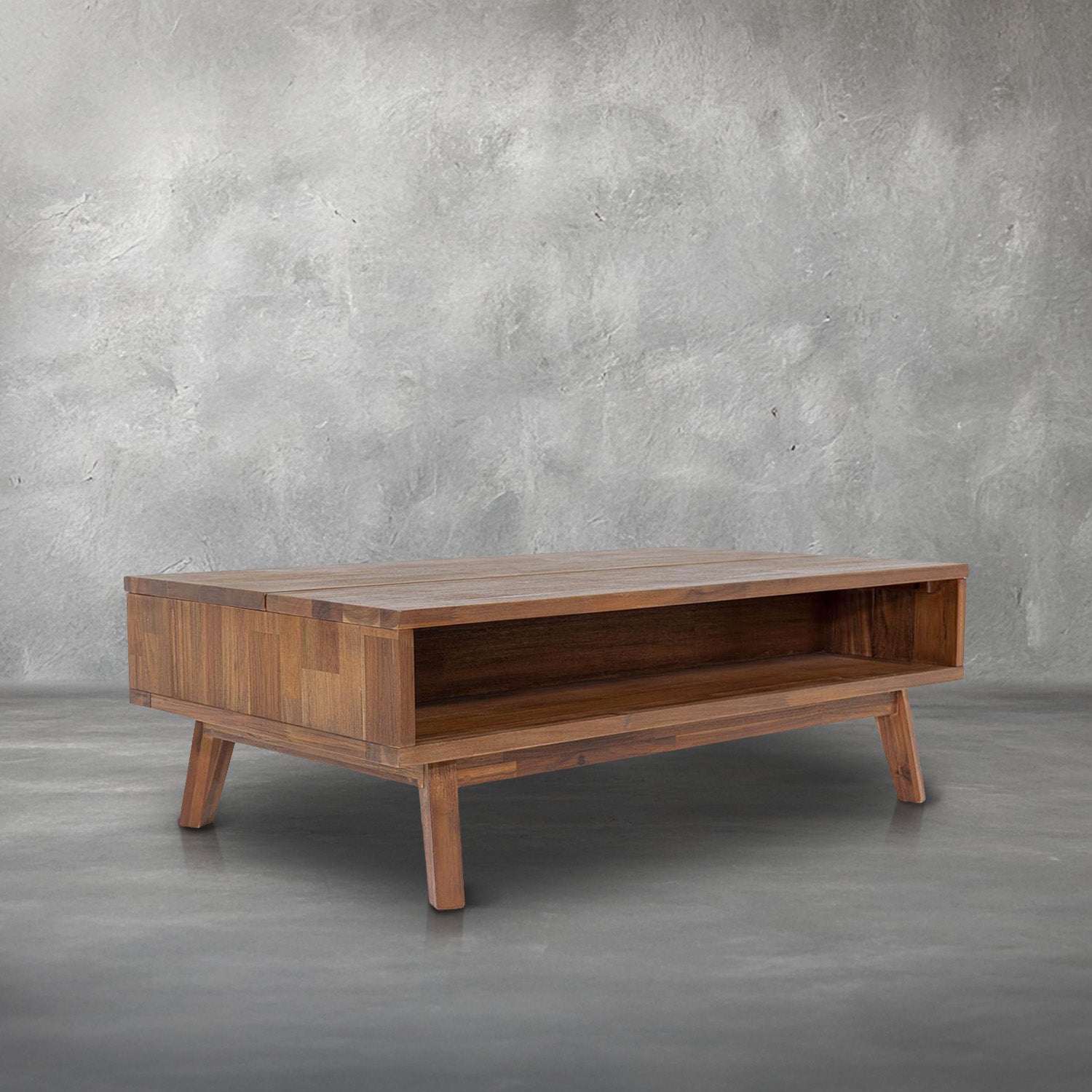 Brad lift-top coffee table in dark acacia wood with an open cubby shelf and splayed tapered legs, living room