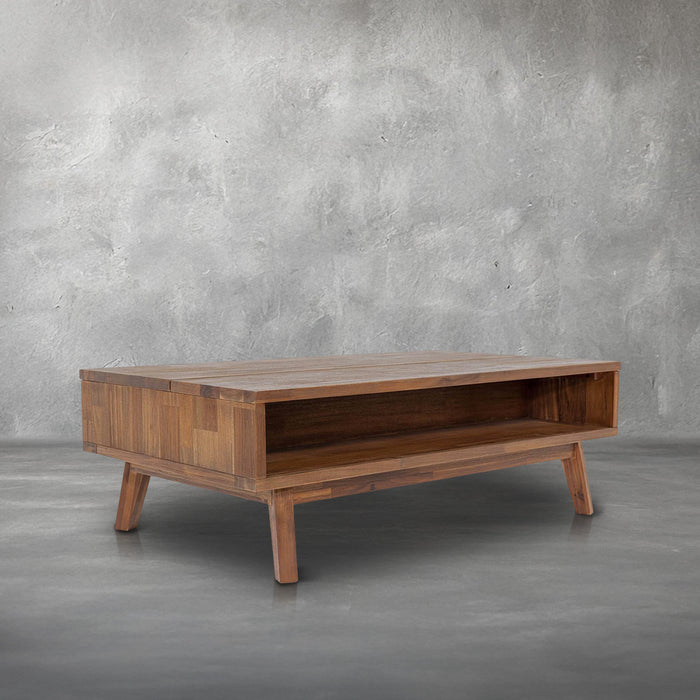Brad lift-top coffee table in dark acacia wood with an open cubby shelf and splayed tapered legs, living room