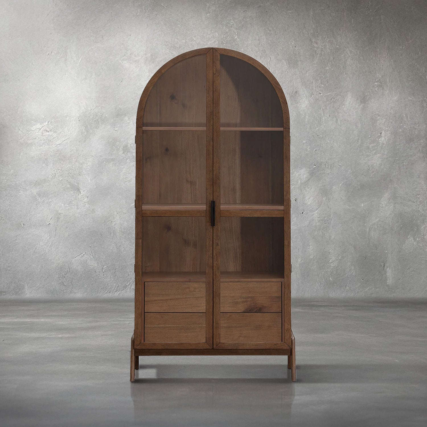 Sterling arched display cabinet in acacia wood with tempered glass doors, adjustable shelves, and two drawers, living room