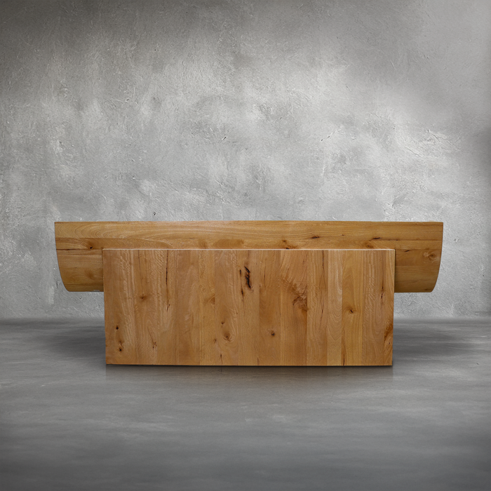 Timber Console Table in natural mango wood showing concentric tree-ring grain on the ends, entryway