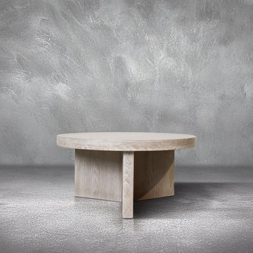 Trinity Medium Coffee Table, round bleached oak top on a cross-shaped panel base, living room