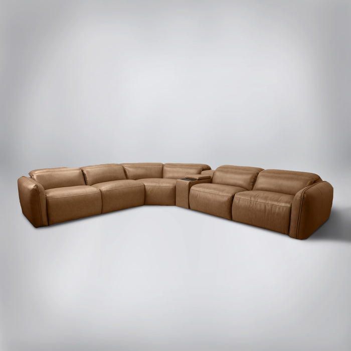 The Vita Modular Sectional, a top-grain leather power-reclining sectional, in a living room
